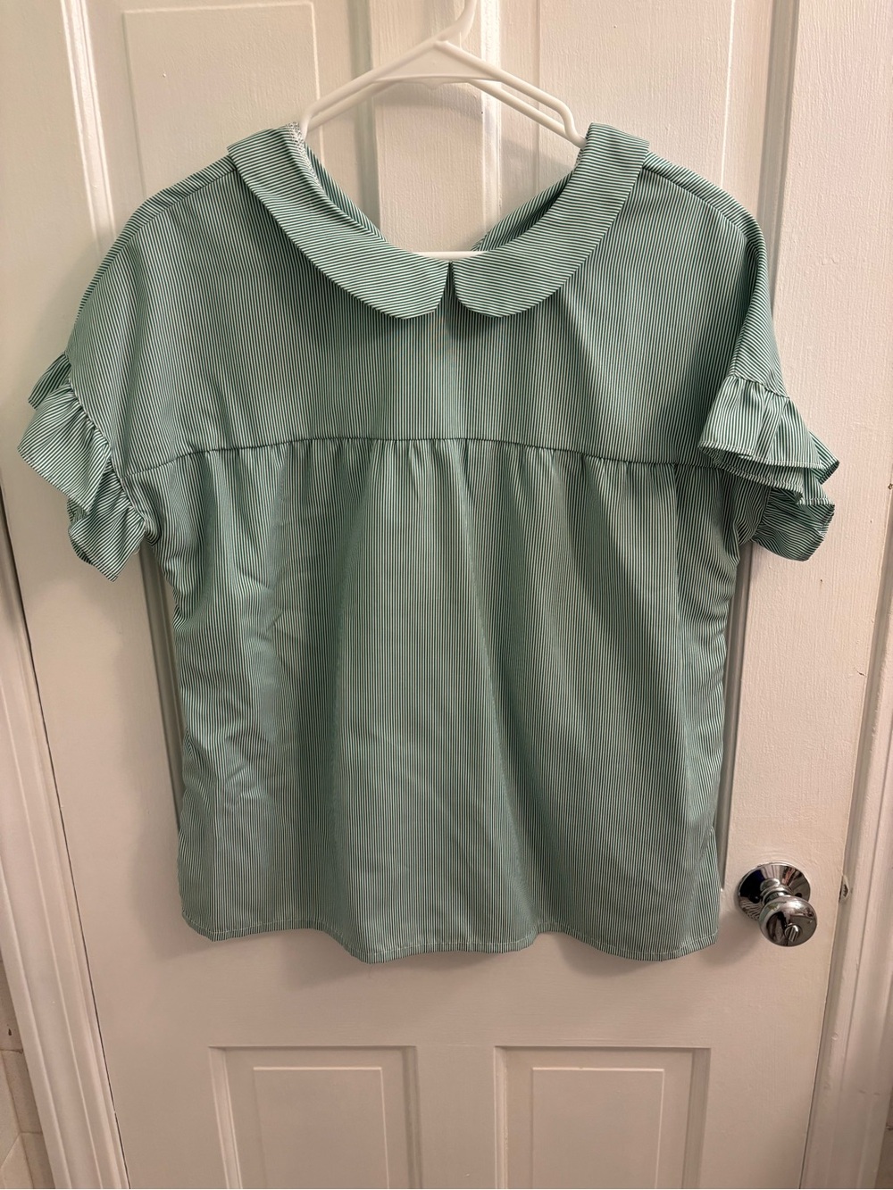 SHEIN Mint Green Striped Peterpan Collar Ruffle Sleeve Blouse
